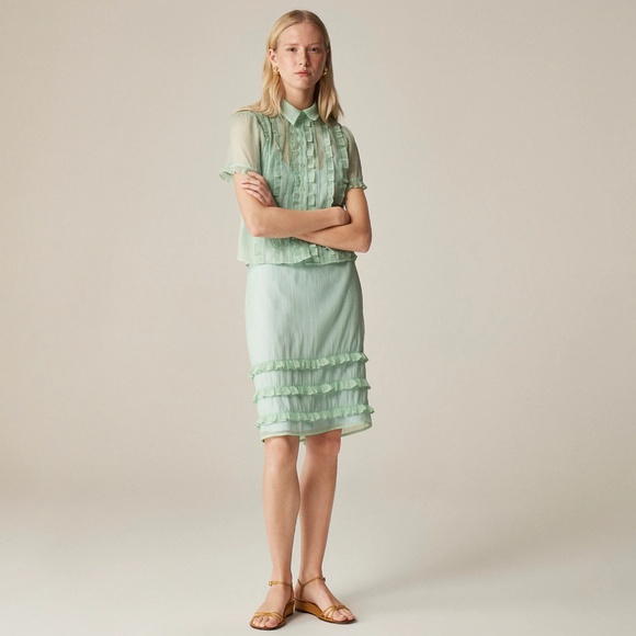 New J.CREW Crinkled Ruffle-Trim Slip Skirt in Green Blue Mixy $148 CK496 - Picture 1 of 5